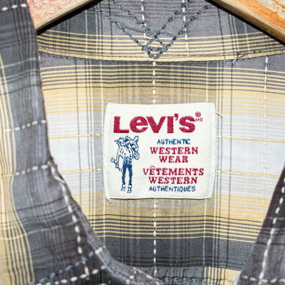 Levi's Men's Western Pearl Snap Shirt Gray Beige Plaid Size Small